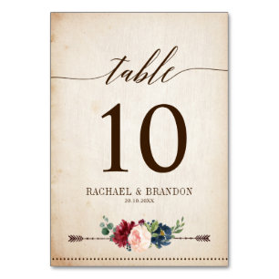 Burgundy Navy Floral Rustic Boho Country Wedding Table Number