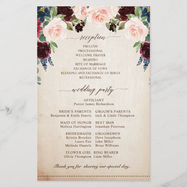 Burgundy Navy Floral Rustic Boho Wedding Program (Back)