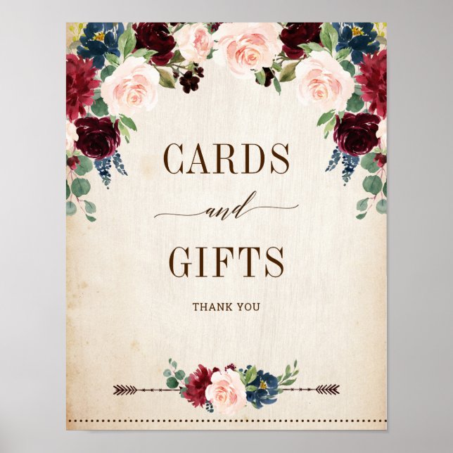 Burgundy Navy Floral Rustic Cards and Gifts Poster (Front)