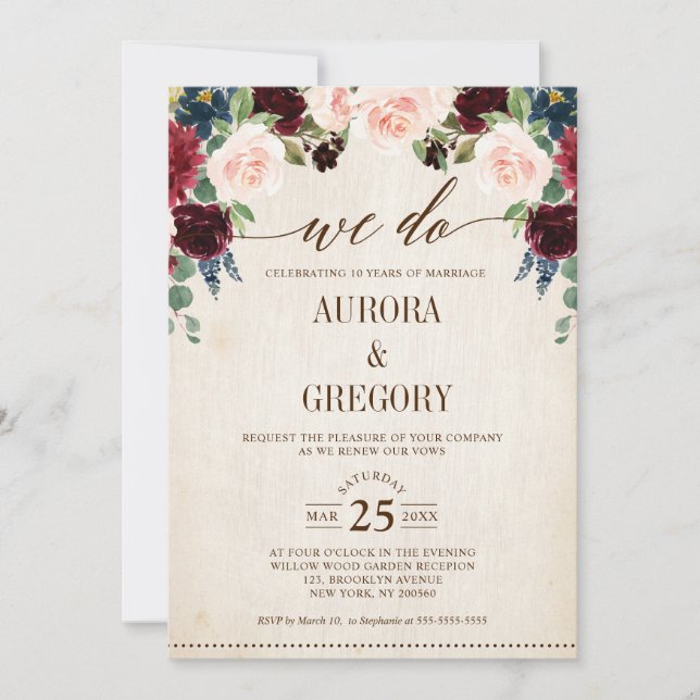 Burgundy Navy Floral Rustic Country We Do Invitation (Front)