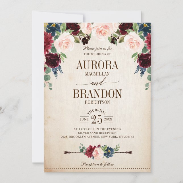 Burgundy Navy Floral Rustic Country Wedding Invitation (Front)