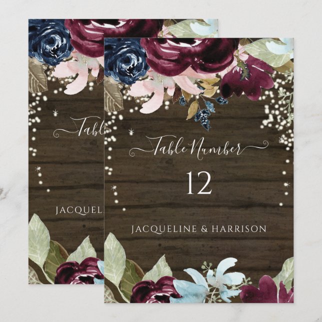 Burgundy Navy Floral Rustic Lights Table Number (Front/Back)