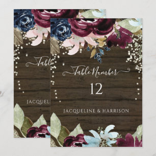 Burgundy Navy Floral Rustic Lights Table Number