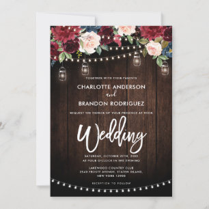 Burgundy Navy Floral Rustic String Light Wedding Invitation