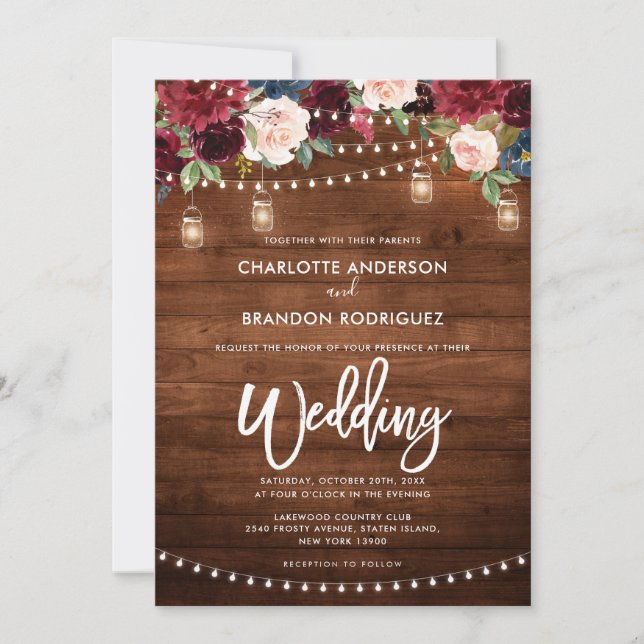 Burgundy Navy Floral Rustic String Light Wedding Invitation (Front)