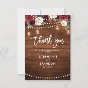 Burgundy Navy Floral Rustic String Light Wedding Thank You Card