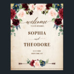 Burgundy Navy Floral Rustic Wedding welcome Sign<br><div class="desc">Watercolor burgundy red navy blush pink rustic country classy floral wedding welcome sign template with green botanical foliage and eucalyptus leaves in wooden background. This beautiful easy to customize design can match easily with your wedding colors, styles and theme and it is a perfect choice for fall midsummer or winter...</div>