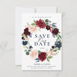 burgundy navy floral save the date card