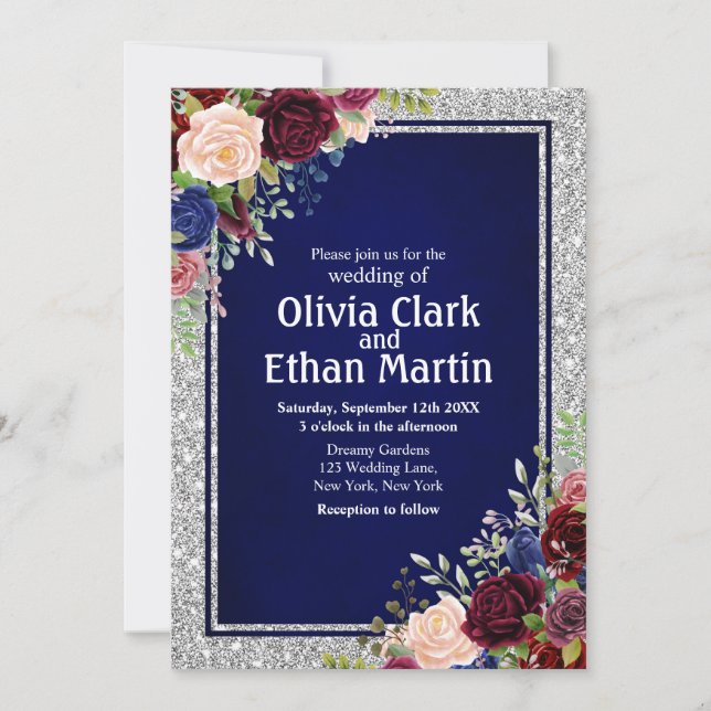 Burgundy Navy Floral Silver Frame Invitation (Front)