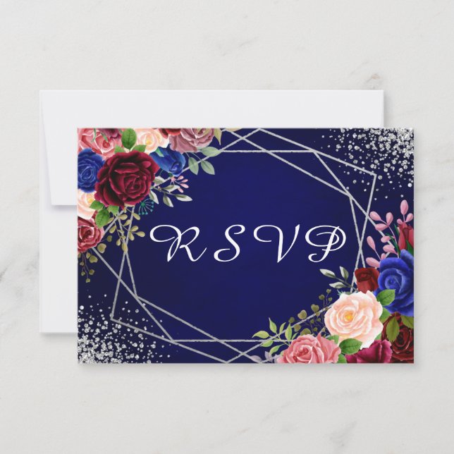 Burgundy Navy Floral Silver Geometric RSVP Card (Front)