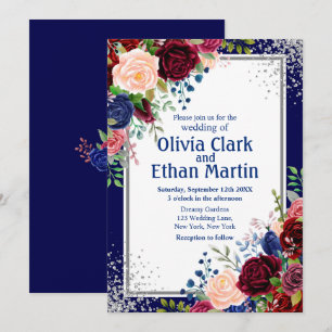Burgundy Navy Floral Silver Glitter Invitation