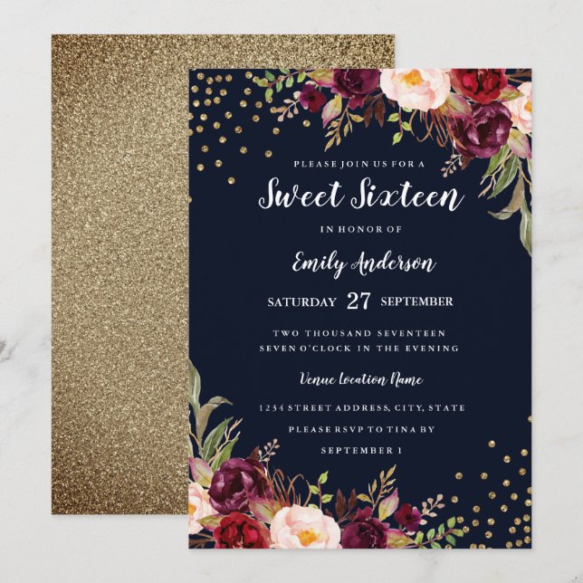 Burgundy Navy Floral Sparkle Sweet Sixteen Invite (Front/Back)