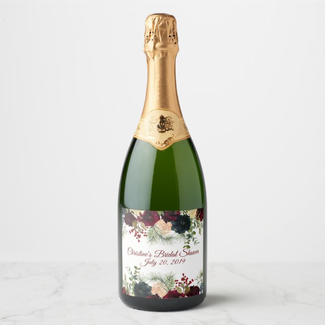 Burgundy, Navy Floral Sparkling Wine Labels (Front)