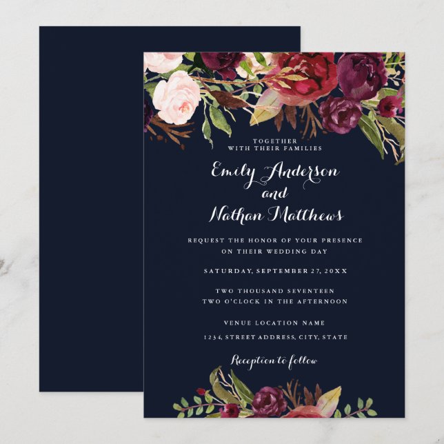 Burgundy Navy Floral Spring Wedding Invitation (Front/Back)