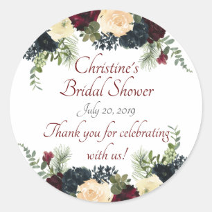 Burgundy, Navy Floral Stickers - Thank You