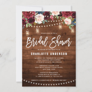 Burgundy Navy Floral String Light Bridal Shower In Invitation