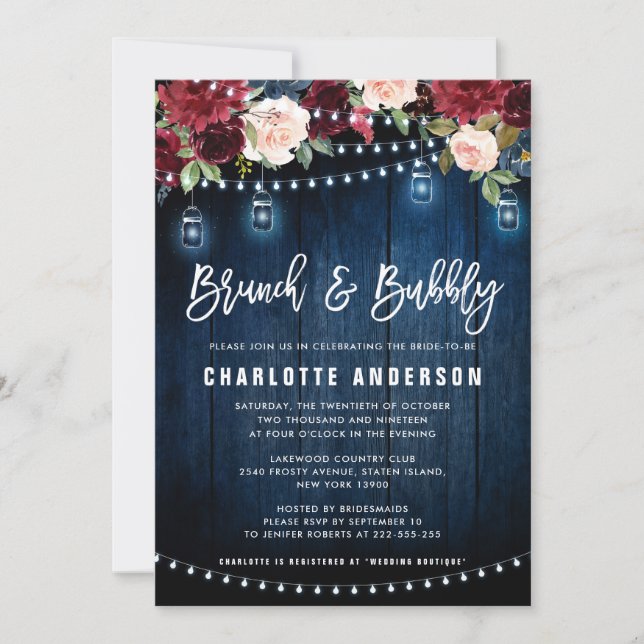 Burgundy Navy Floral String Light Brunch & Bubbly Invitation (Front)