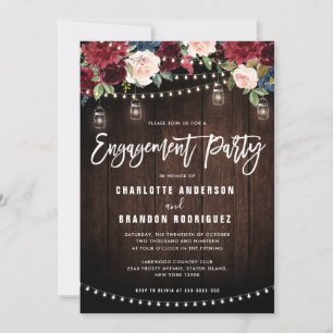 Burgundy Navy Floral String Light Engagement Party Invitation