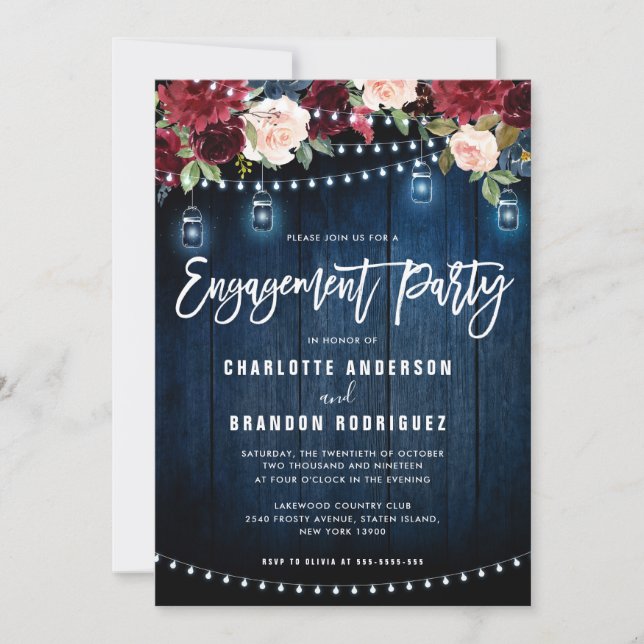 Burgundy Navy Floral String Light Engagement Party Invitation (Front)