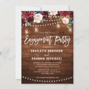 Burgundy Navy Floral String Light Engagement Party Invitation