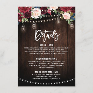 Burgundy Navy Floral String Light mason jar Enclosure Card