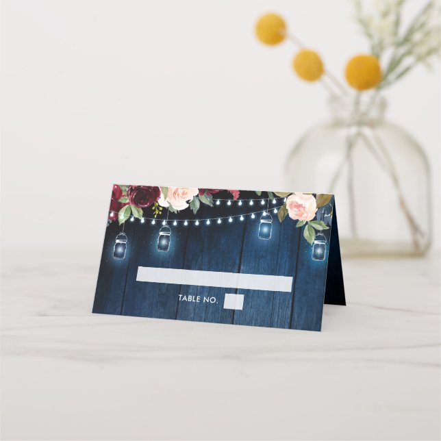 Burgundy Navy Floral String Light mason jar Place Card (Front)
