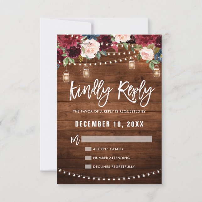Burgundy Navy Floral String Light mason jar RSVP Card (Front)