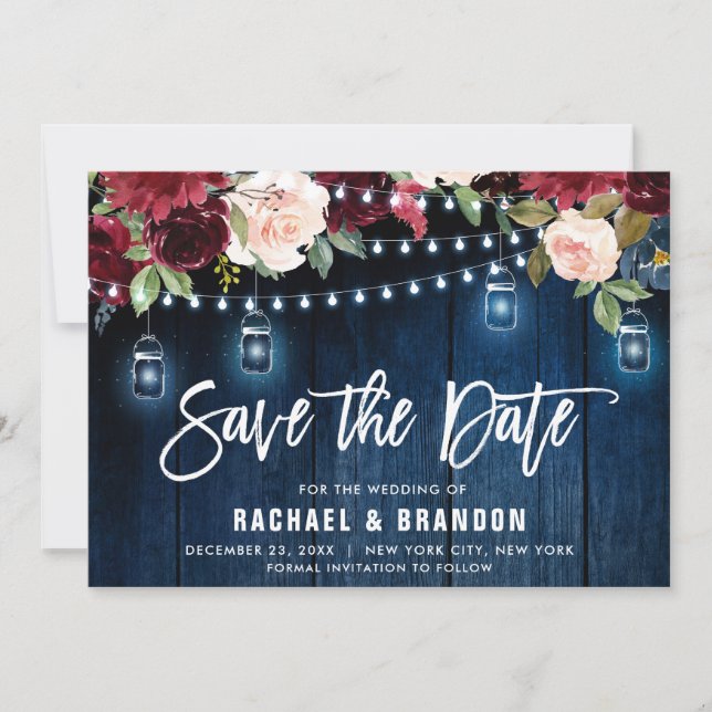 Burgundy Navy Floral String Light mason jar Save The Date (Front)