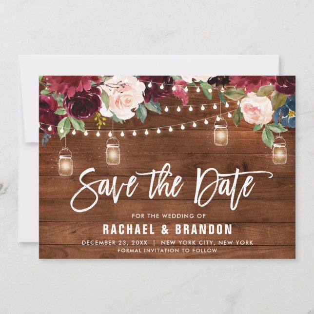 Burgundy Navy Floral String Light mason jar Save The Date (Front)