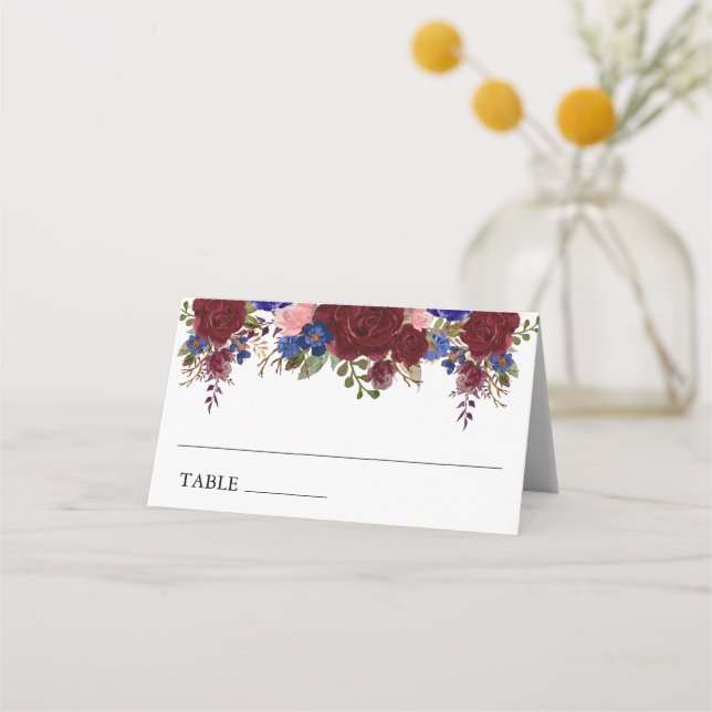 Burgundy Navy Floral Table Number Wedding Place Card (Front)