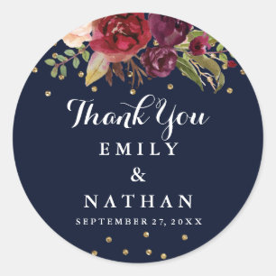 Burgundy Navy Floral Thank You Wedding Sticker