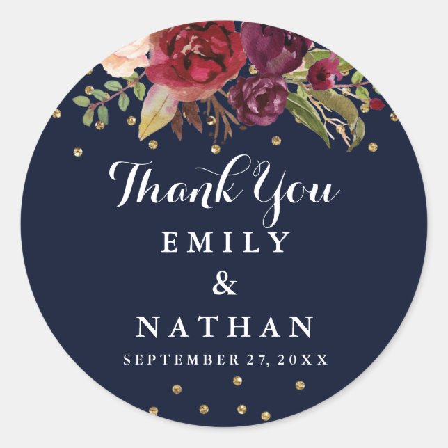 Burgundy Navy Floral Thank You Wedding Sticker (Front)