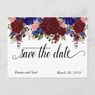 Burgundy Navy Floral Typography Save The Date Announcement Postcard
