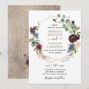 Burgundy Navy Floral w/ Geometric Greenery Wedding Invitation