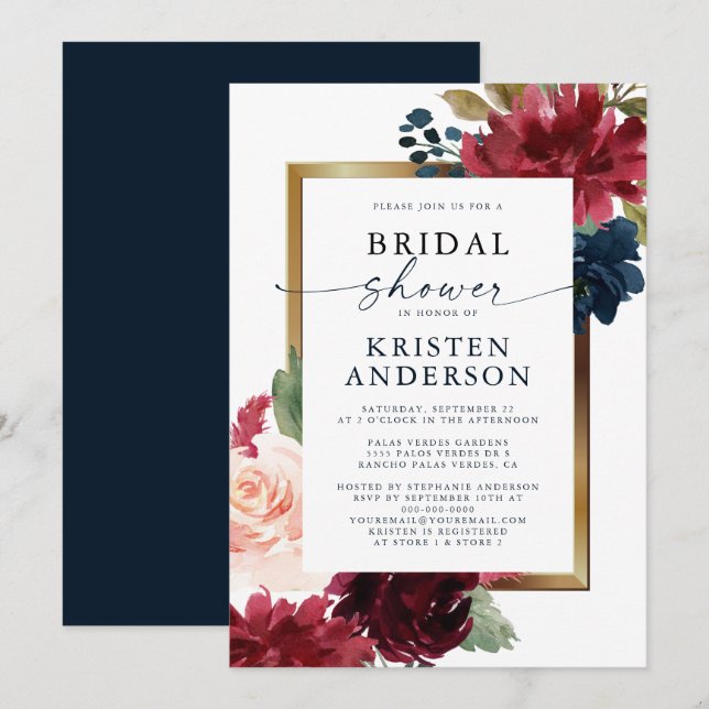 Burgundy Navy Floral Watercolor Gold Bridal Shower Invitation (Front/Back)