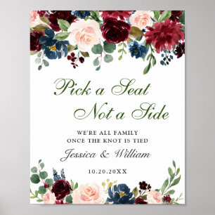 Burgundy Navy Floral Wedding Ceremony Seating Poster