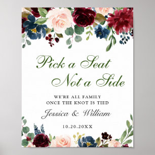 Burgundy Navy Floral Wedding Ceremony Seating Poster