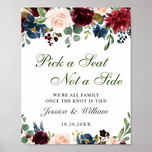 Burgundy Navy Floral Wedding Ceremony Seating Poster (Front)