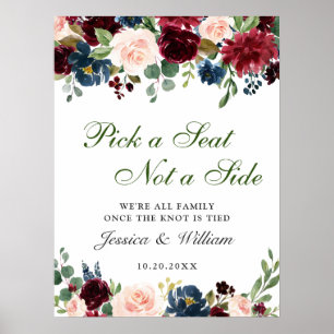 Burgundy Navy Floral Wedding Ceremony Seating Poster