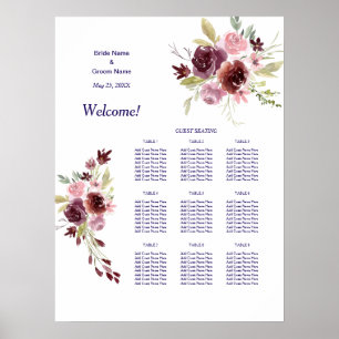 Burgundy Navy Floral Wedding Dinner Seating Chart