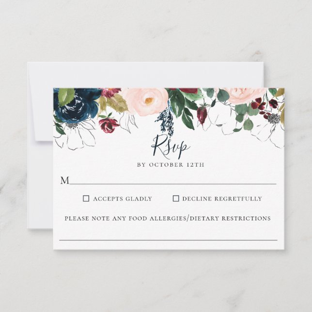 Burgundy Navy Floral Wedding Food Allergy RSVP (Front)