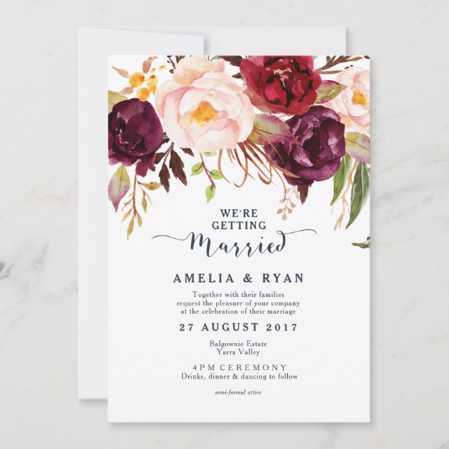 Burgundy Navy Floral Wedding Invitation (Front)