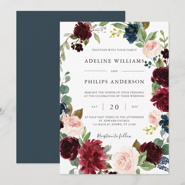 Burgundy Navy Floral Wedding Invitation (Front/Back)
