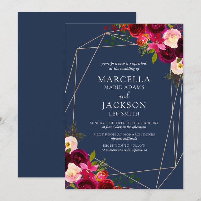 Burgundy & Navy Floral Wedding Invitation (Front/Back)