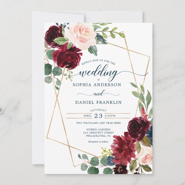 Burgundy Navy Floral Wedding Invitation (Front)