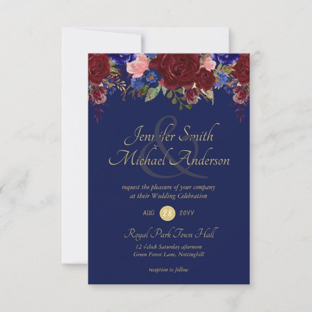 Burgundy Navy Floral Wedding Invitations (Front)