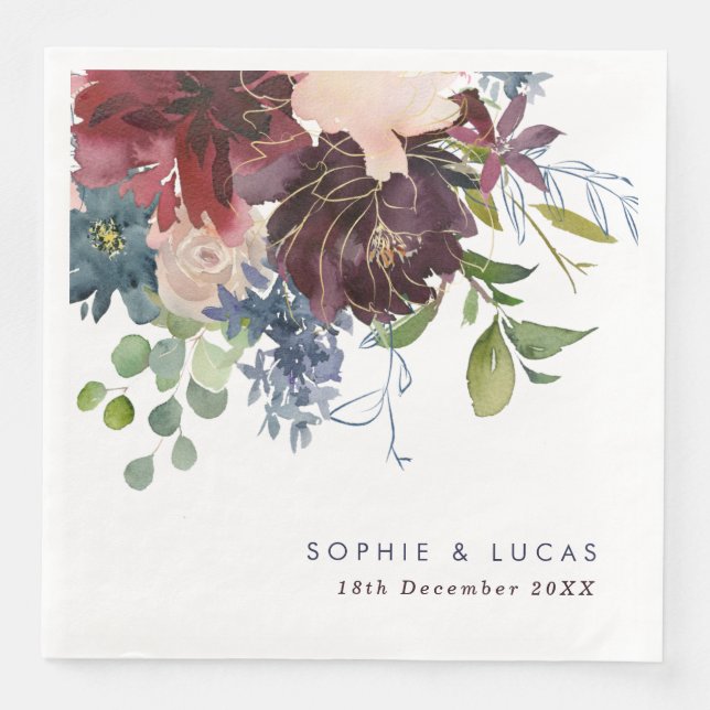 Burgundy & Navy Floral Wedding Napkin (Front)