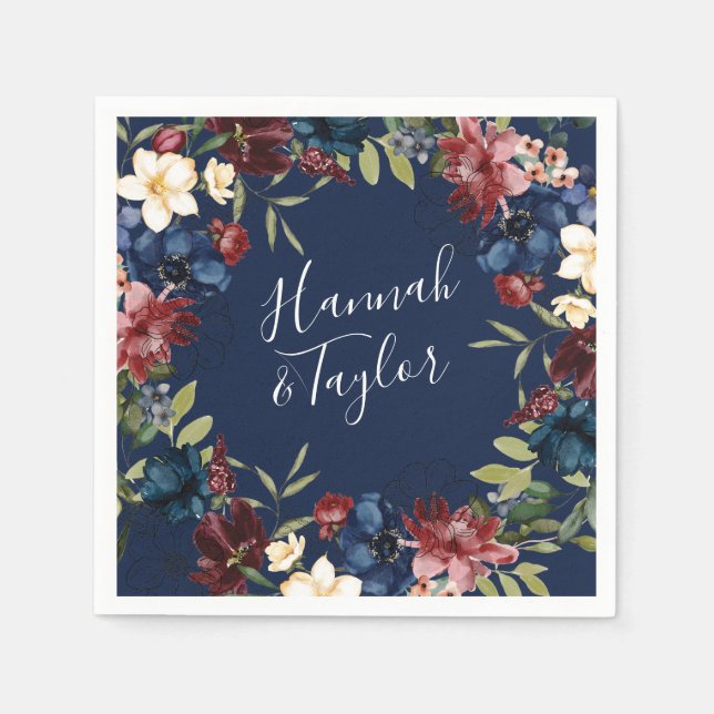 Burgundy Navy Floral Wedding Napkins (Front)