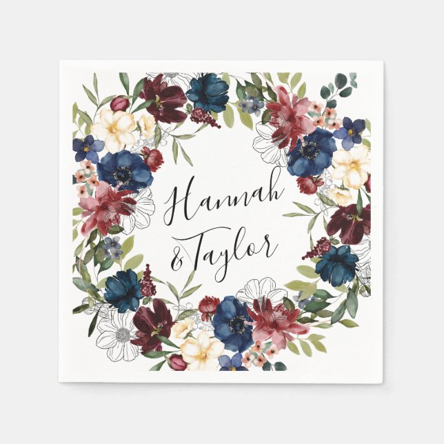 Burgundy Navy Floral Wedding Napkins (Front)