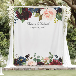 Burgundy Navy Floral Wedding Photo Booth Backdrop Tapestry